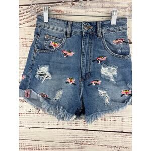 Womens Trafaluc Zara Denim Embroidered Pink Panther Distressed Jean Shorts Sz 00